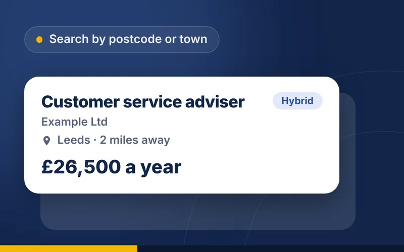 Find UK Jobs search results showing a customer service adviser job in Leeds, 2 miles away, paying £26,500 a year, with a Hybrid badge