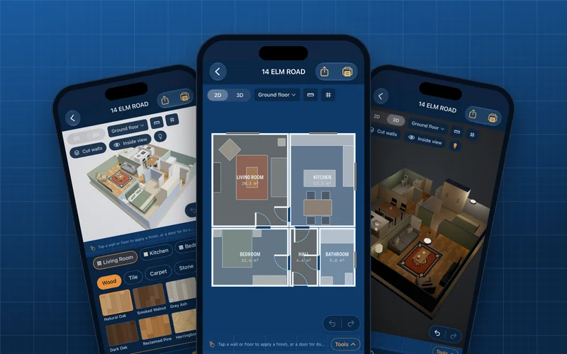 Three iPhones showing Roomprint: a measured 2D floor plan, choosing flooring, and the 3D view with the lights on