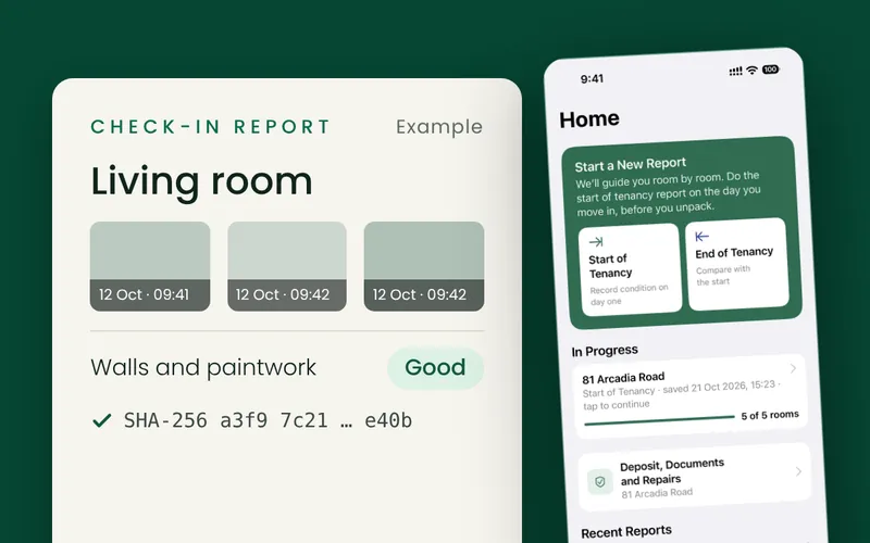Tenventory check-in report for a living room with timestamped photos, beside the Tenventory home screen on an iPhone