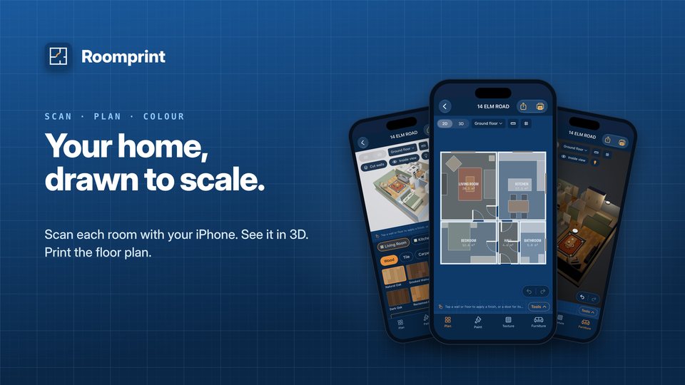 Roomprint promo image: the headline “Your home, drawn to scale.” beside three iPhones showing the app