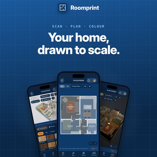 Square Roomprint promo image with three iPhones showing the app