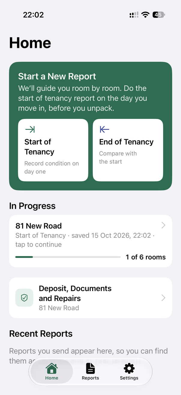 Tenventory Home screen on iPhone: Start a New Report with Start of Tenancy and End of Tenancy, a report in progress for 81 New Road, and Deposit, Documents and Repairs
